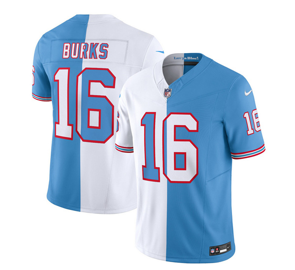 Men's Tennessee Titans #16 Treylon Burks White/Blue 2023 F.U.S.E. Split Vapor Limited Throwback Football Stitched Jersey